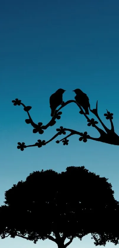 Silhouette of tree, birds, and cat against gradient blue sky wallpaper.