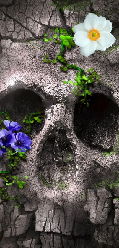 Artistic skull wallpaper with flowers and gray cracked background.