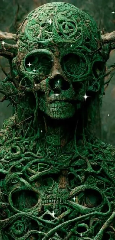 Intricate skull made of green vines in artistic wallpaper design.