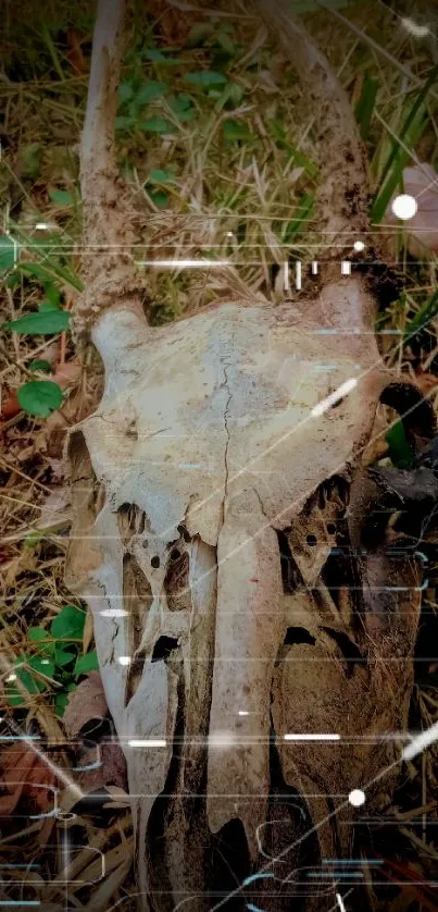 Deer skull resting on forest grass, surrounded by earthy tones.