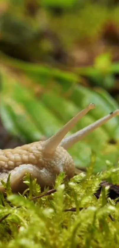 Close-up of a slug crawling on green moss and foliage in a forest setting.