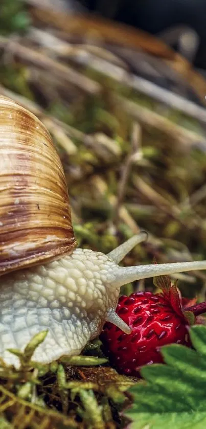 Snail on moss with berries and leaves in nature wallpaper.