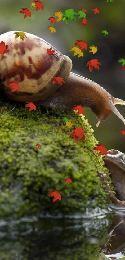 Snail and frog on a mossy rock by water.