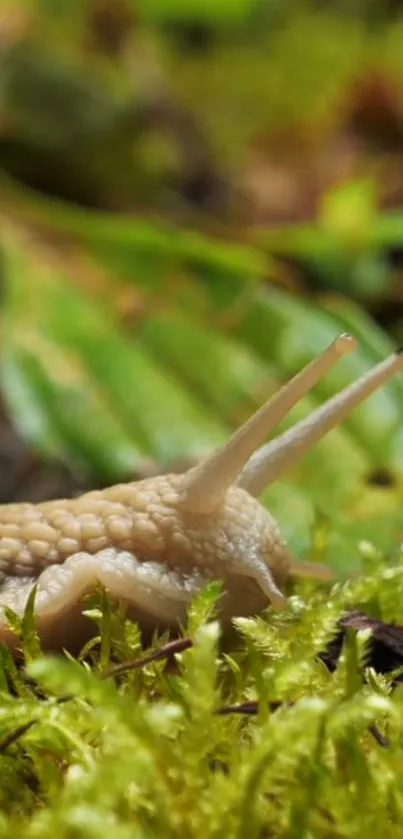 Close-up shot of a snail on green moss, capturing nature's delicate beauty.