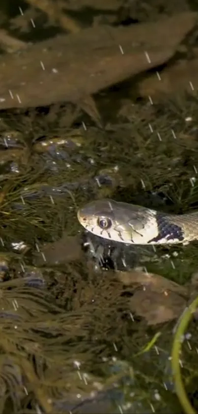 A snake resting in a lush, rainy forest setting.