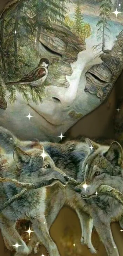 Serene nature spirit with wolves in a mystical forest setting.