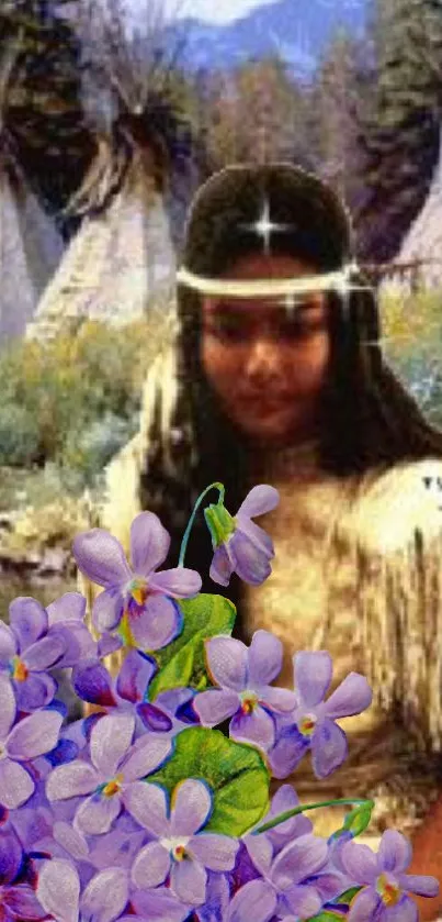 Wallpaper of woman with purple flowers and nature backdrop.