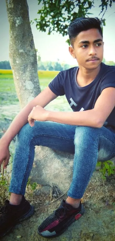 Young person sitting under tree in nature.