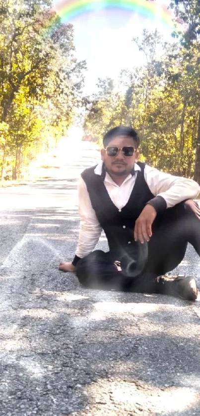 Man sitting on a nature-filled road under a rainbow.