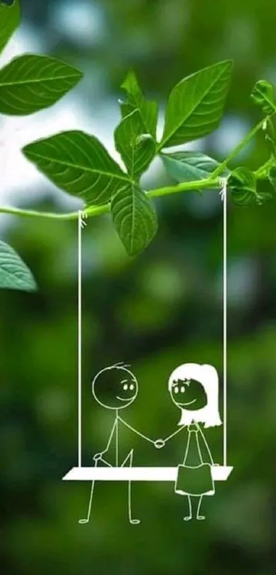 Stick figures on a leafy swing mobile wallpaper.