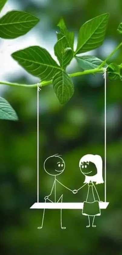 Stick figures on a swing among green leaves wallpaper.