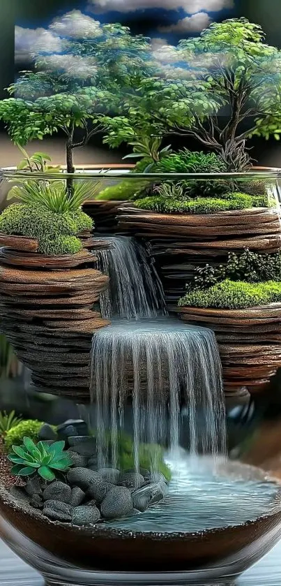 Terrarium with waterfalls and greenery