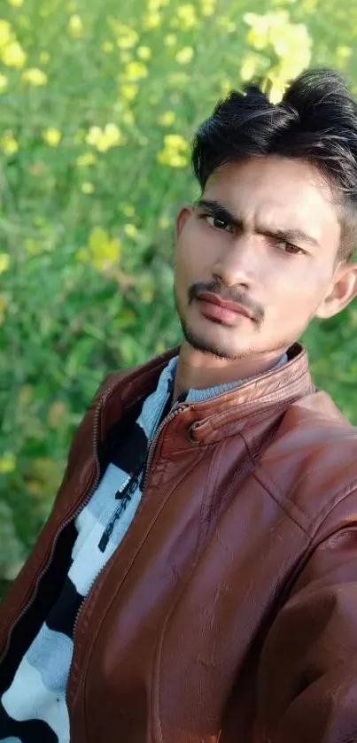 Young man in a green field with yellow flowers, wearing a leather jacket.