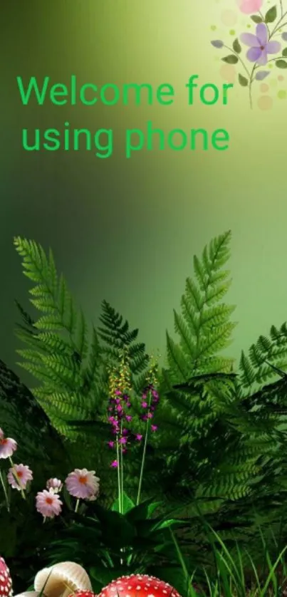 Nature-themed wallpaper with green plants and mushrooms.