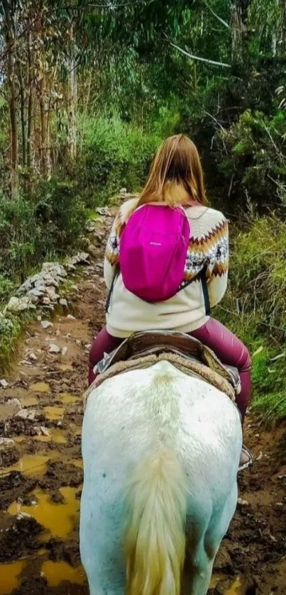 Horseback ride through lush forest trail.