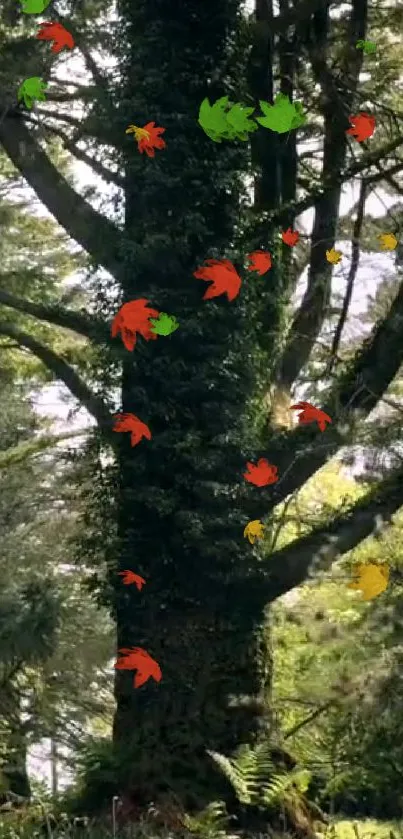 Beautiful forest scene with colorful autumn leaves falling around a tall tree.