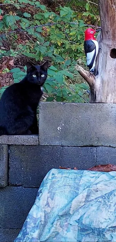 Black cat and woodpecker on a stone wall in a natural setting.