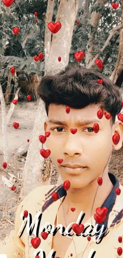 Young man with Monday Mood in forest background.