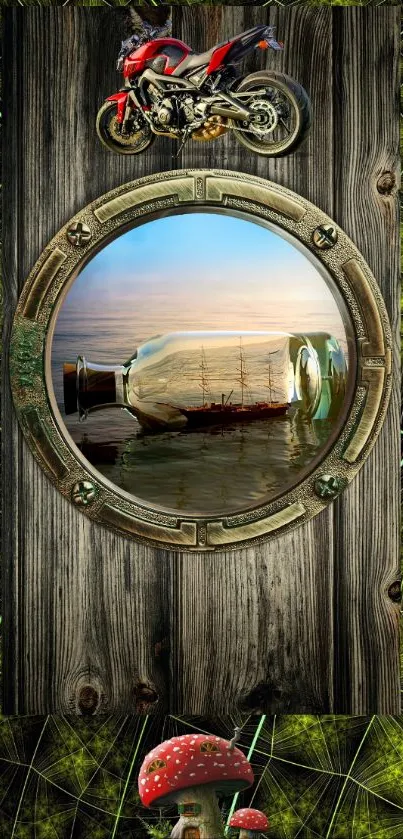 Adventure-themed wallpaper with ship in bottle, mushrooms, and motorcycle.