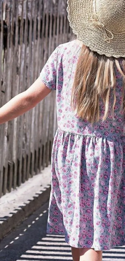 Young girl in straw hat walking along a rustic wooden fence.