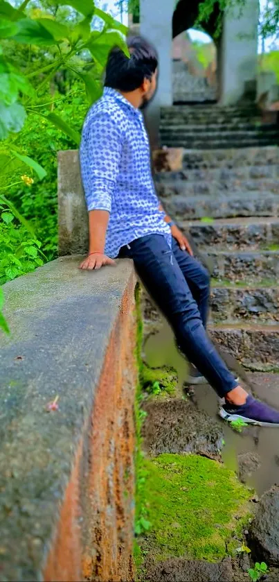 Person relaxing on stone steps surrounded by lush greenery.