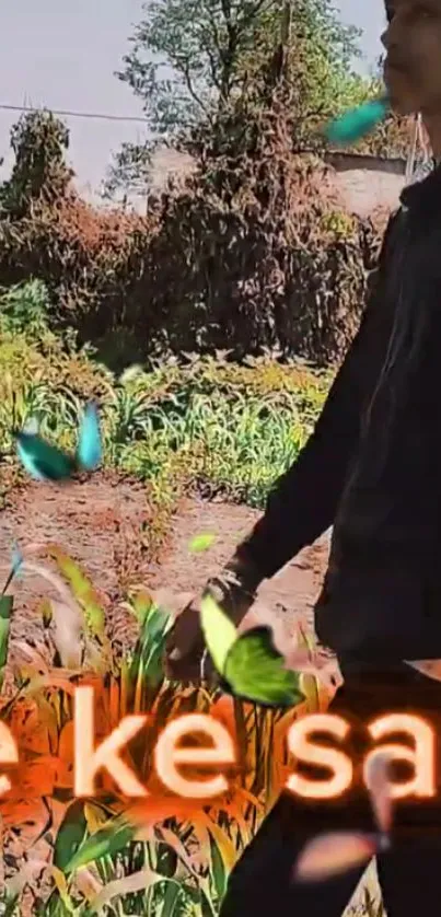 Person walking in nature with butterflies and greenery.