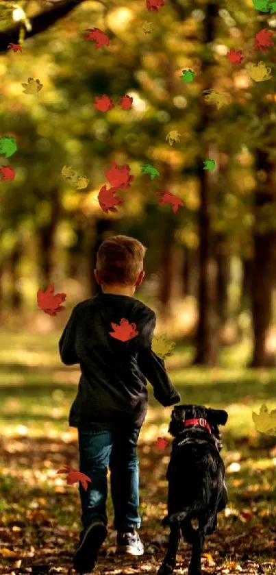 Child walking with dog in autumn forest path.