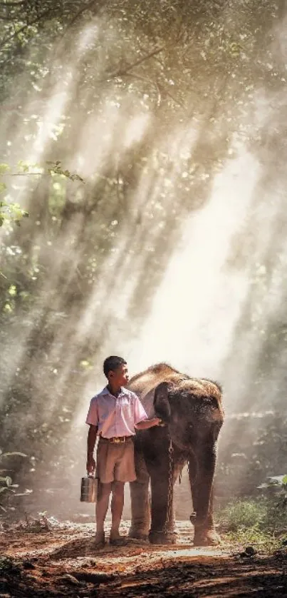 Boy and elephant in sunlit forest.