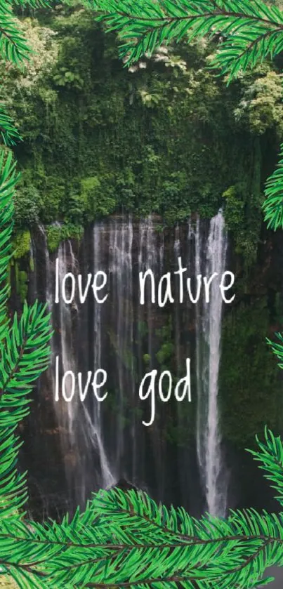 Inspirational green nature and waterfall mobile wallpaper.