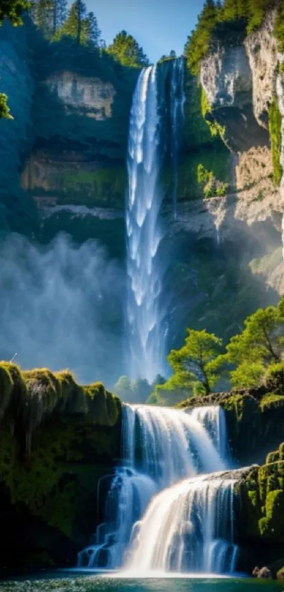 Waterfall with lush greenery on a mobile wallpaper.
