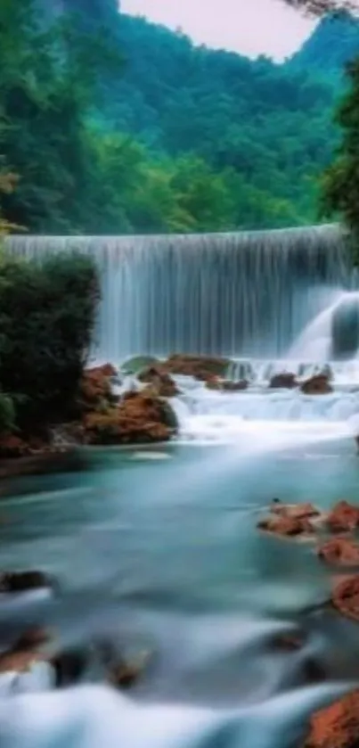 A stunning waterfall flowing through a lush green forest with rocky stream.