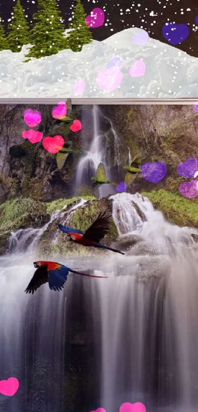 Hand holding phone with waterfall and birds illustration.