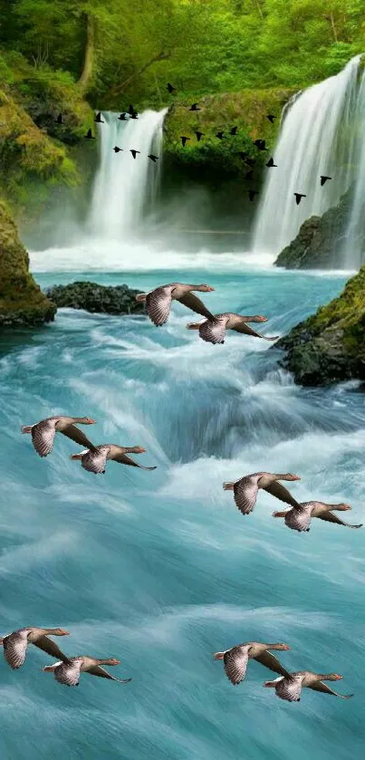 Waterfall with birds flying over a clear blue river.