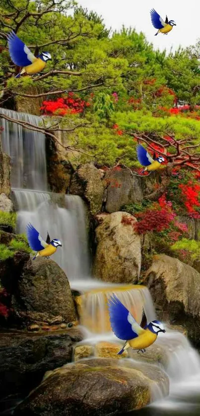 Lush waterfall scene with flying bluebirds amidst vivid greenery.