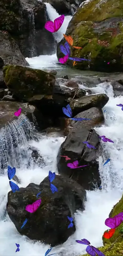 Waterfall cascading over rocks with fluttering colorful butterflies.