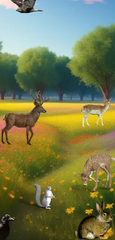 A vivid wallpaper of wildlife in a sunny meadow with colorful flowers and trees.