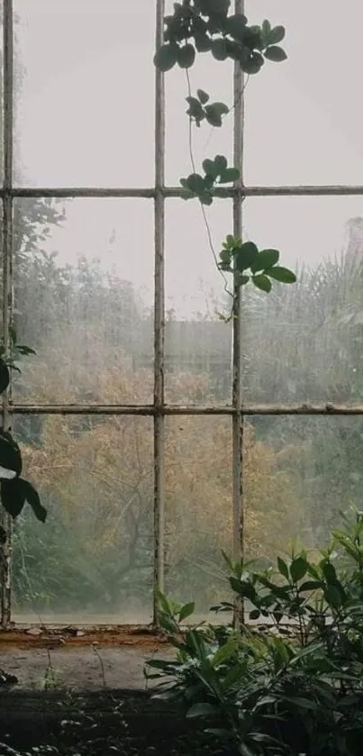 A serene view of nature through an old, vintage window with lush green plants.