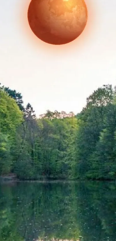 Serene forest with orange planet reflection on lake wallpaper.