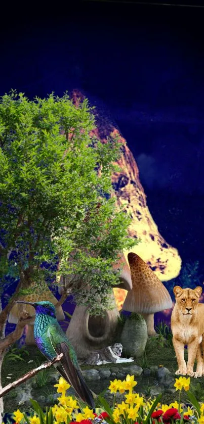 Vibrant wildlife and nature scene with trees, birds, mushrooms, and a lion.