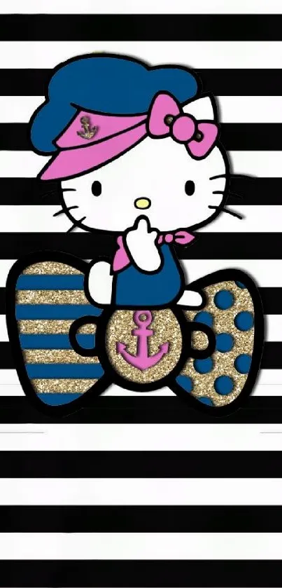 Hello Kitty with nautical stripes and pink accents.