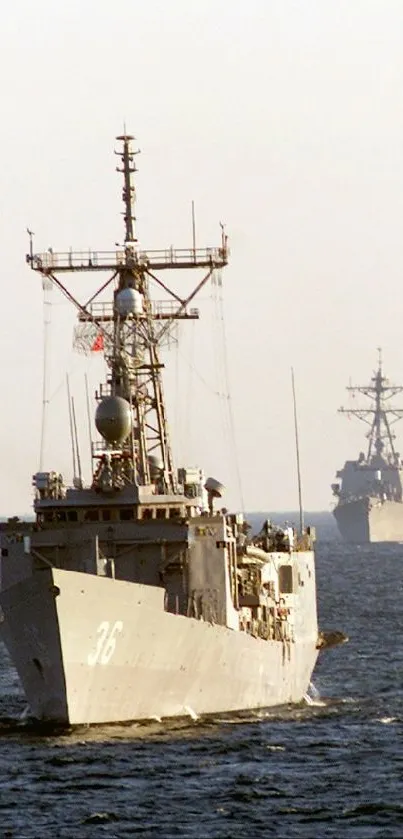 Naval ships form a powerful line sailing across the open ocean under a clear sky.