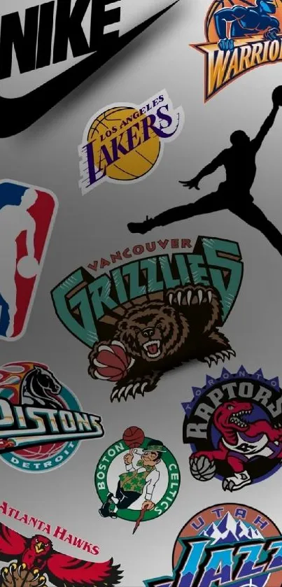 Collection of NBA team logos with Nike symbol on gray background.