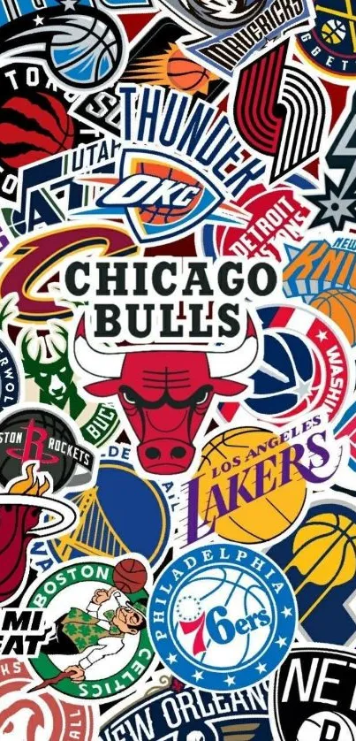 Dynamic NBA team logos collage for mobile wallpaper.