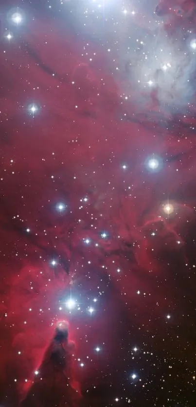 Mobile wallpaper featuring a vivid red nebula with shining stars in a cosmic scene.