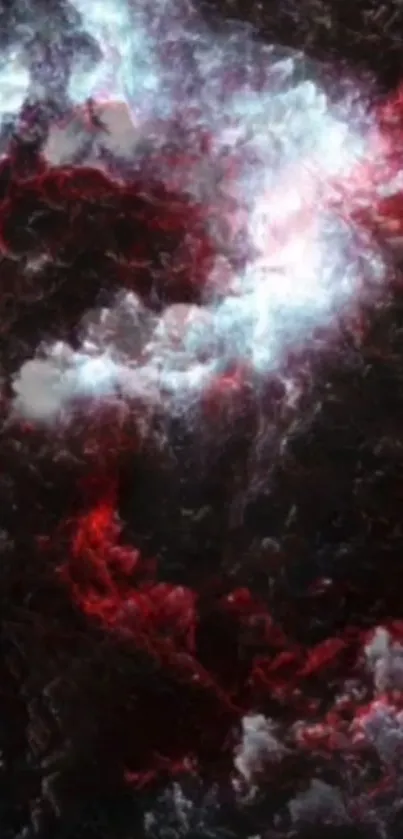 Abstract nebula-inspired wallpaper with dark tones and vivid red highlights.