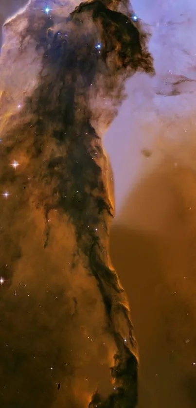 A stunning nebula with stars, in a brown-hued cosmic landscape.