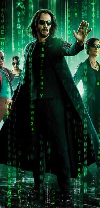 Neo and team in digital code background.