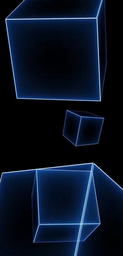 Neon blue 3D cubes on a black background, futuristic mobile wallpaper.