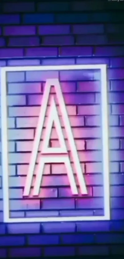 Neon letter A on purple brick wall glowing brightly.