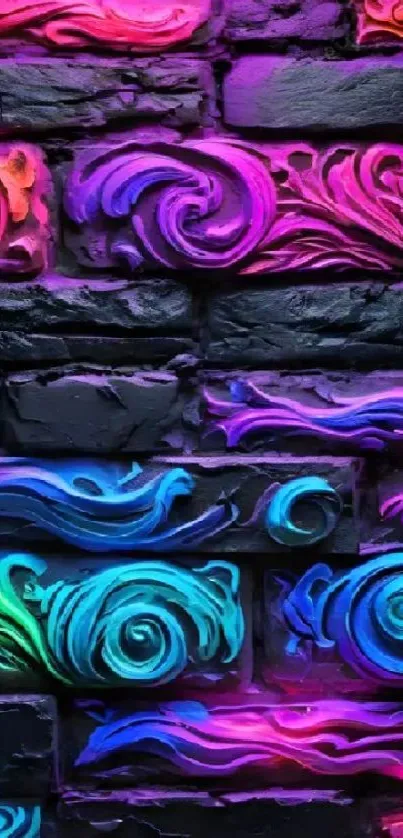 Neon abstract art on brick wall, vibrant colors